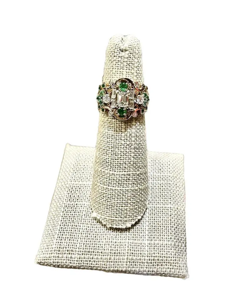 14K Yellow Gold Emerald And Diamond Cluster Ring 1