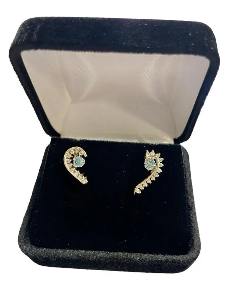 14K Yellow Gold Half-Heart Diamond And Aquamarine Stud Earrings 1