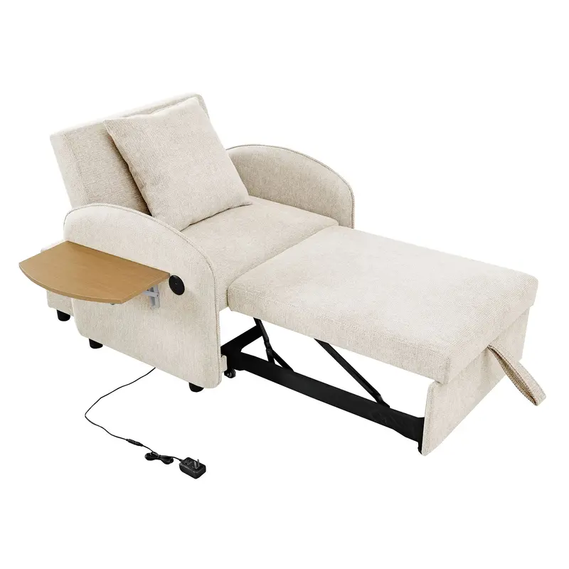 3-In-1 Convertible Chair Bed In Beige: Sofa, Lounger, And Single Bed With Usb Ports 1