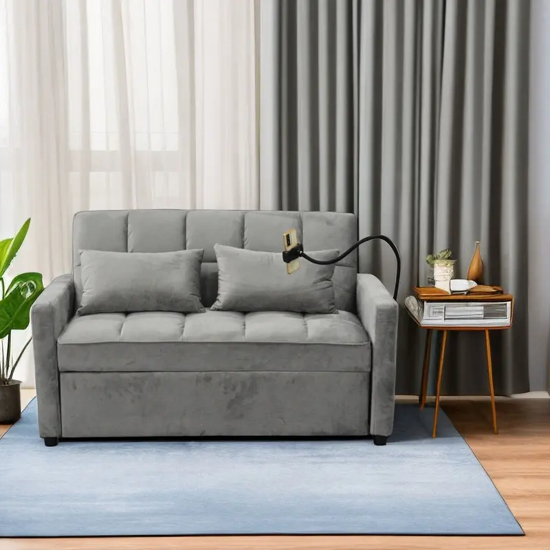 3-In-1 Convertible Sleeper Sofa – Futon-Style Pull-Out Bed With Usb Charging, Cup Holders & Swivel Phone Mount 1