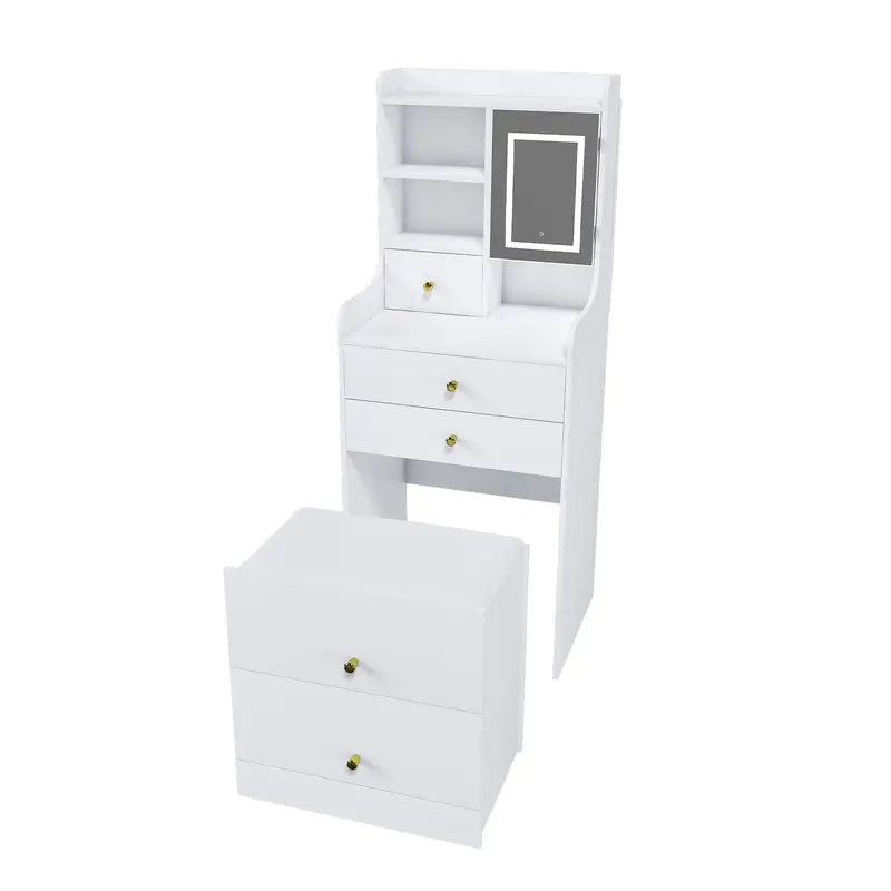 3-In-1 Led Makeup Vanity Desk With Mirror, Stool & Storage – Compact White Dressing Table 1