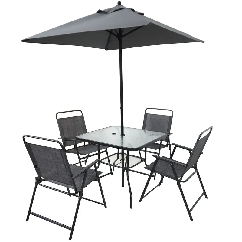 4-Person Outdoor Patio Dining Set – Black Metal Table, Chairs & Sun Umbrella 1