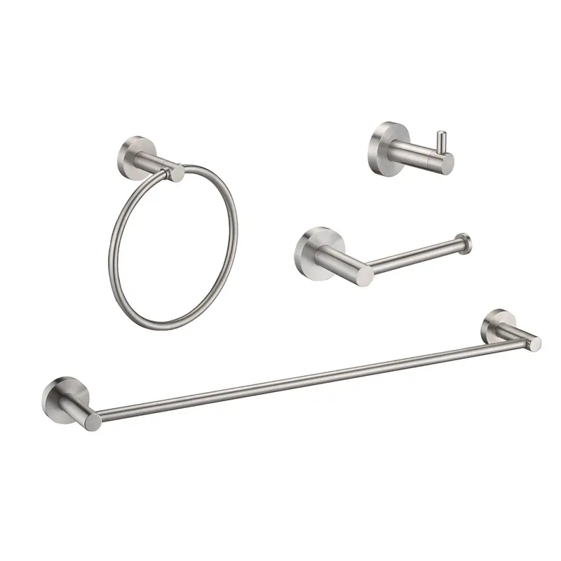 4-Piece Stainless Steel Bathroom Set: Towel Bar, Ring, Hook & Toilet Paper Holder – Brushed Nickel 1