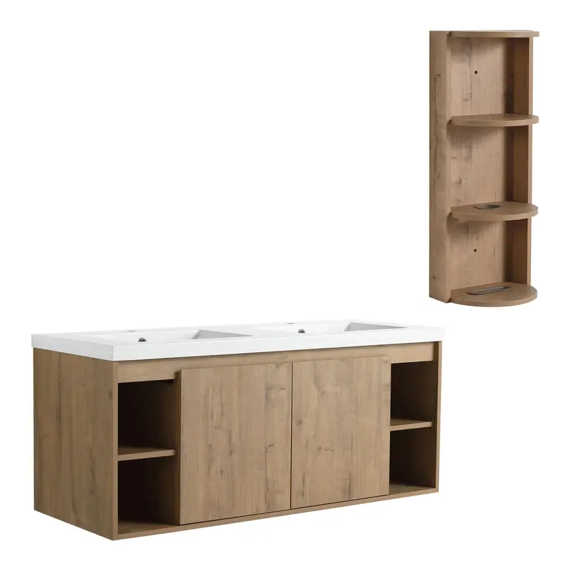 48-Inch Dual-Sink Wall-Mounted Vanity In Imitation Oak With Storage Rack 1
