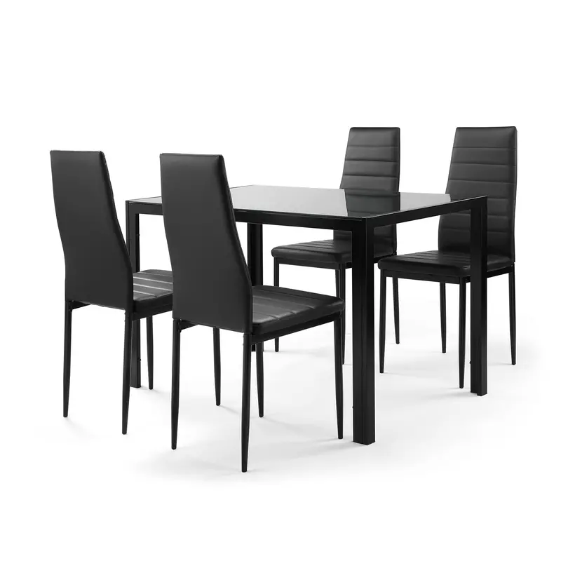 5-Piece Kitchen Dining Set – Tempered Glass Table + 4 Faux Leather Chairs – Black 1