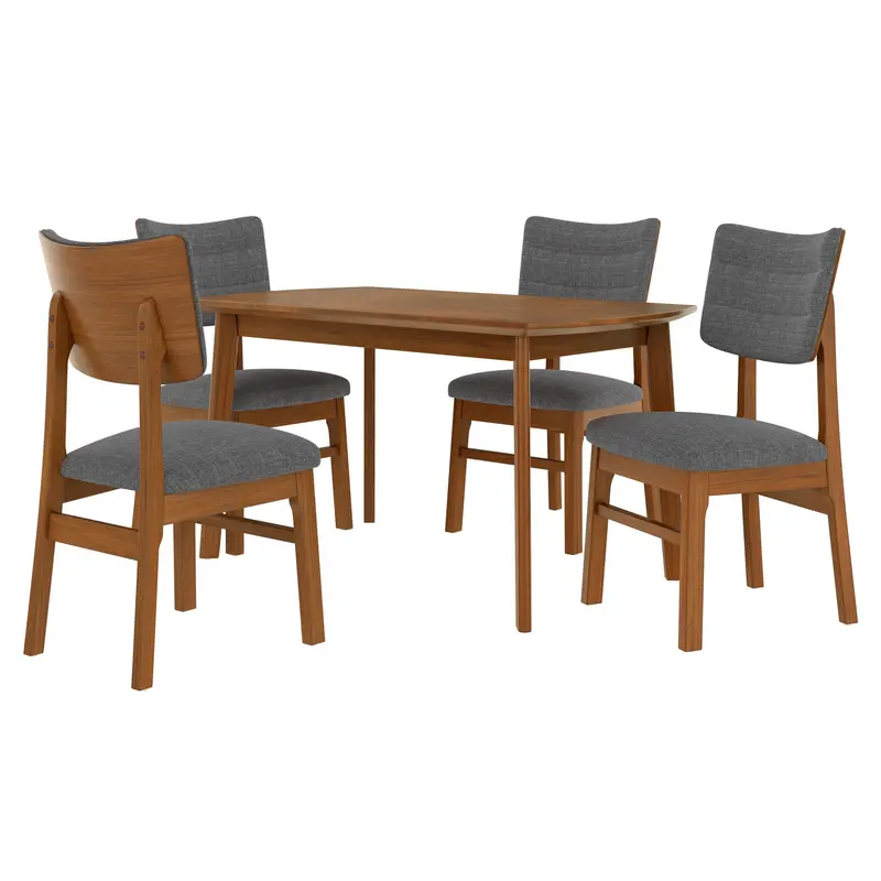 5-Piece Mid-Century Farmhouse Dining Set: Solid Wood Table And Upholstered Chairs (Brown/Gray) 1