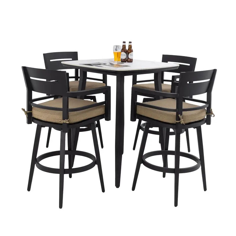 5-Piece Outdoor Patio Bar Set – Sintered Stone Table + Swivel Bar Chairs 1