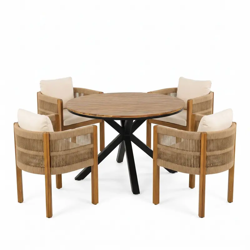 5-Piece Round Outdoor Dining Set – Table + 4 Wrapped Chairs In Black Brown Teak 1