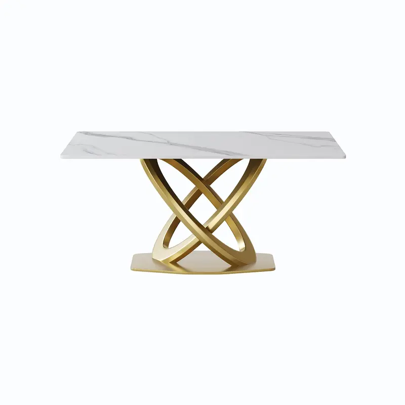 63-Inch Round Dining Table With Double-Ring Stainless Steel Base And Artificial Stone Top 1