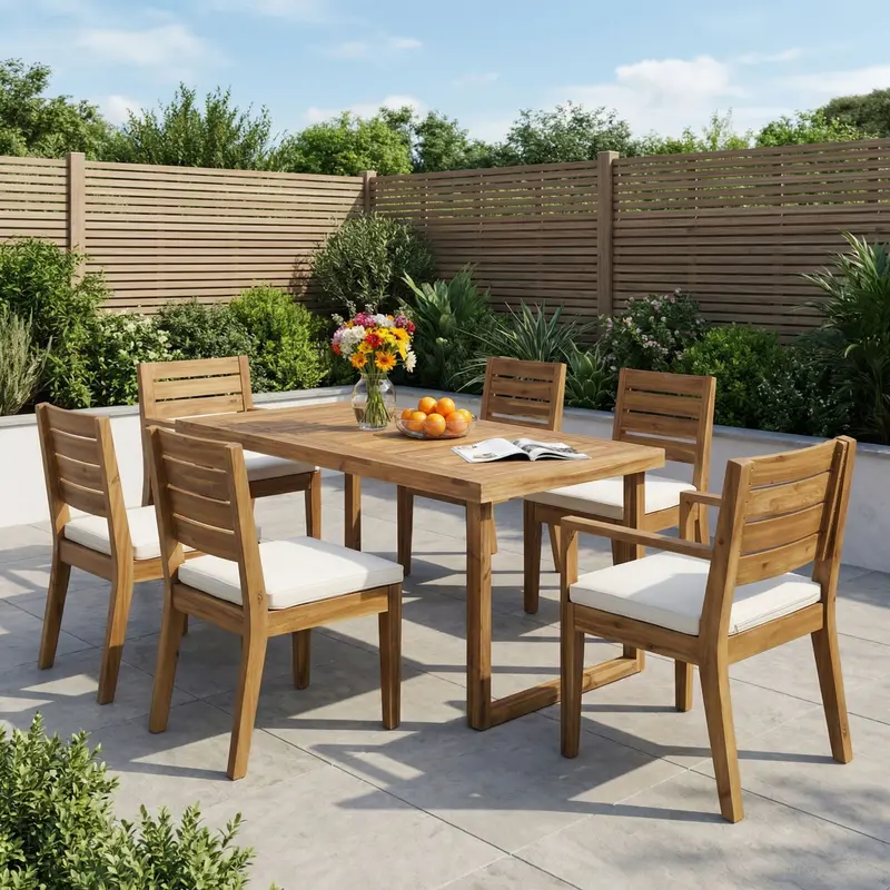 7-Piece Outdoor Dining Ensemble With All-Weather Cushions – Beige & Natural Tone 1