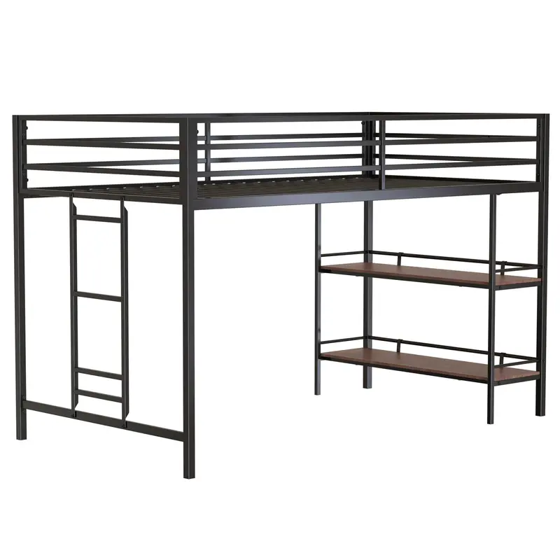 Adam Twin Loft Bunk Bed With Cinnamon Wood Shelf – Matte Black Finish 1