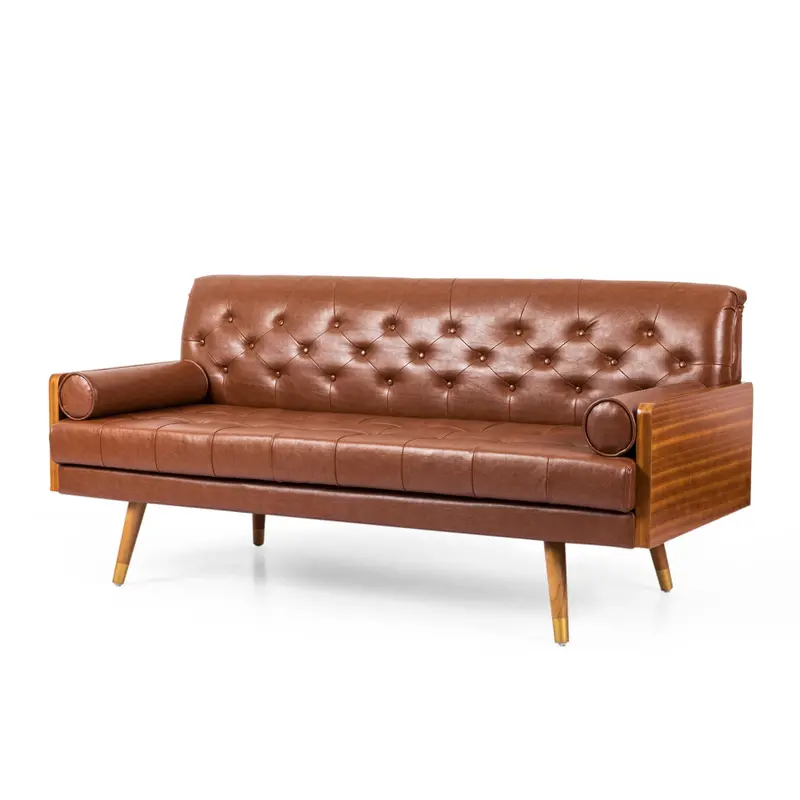 Adelaide Light Brown Mid-Century Modern Tufted Sofa With Rolled Accent Pillows 1