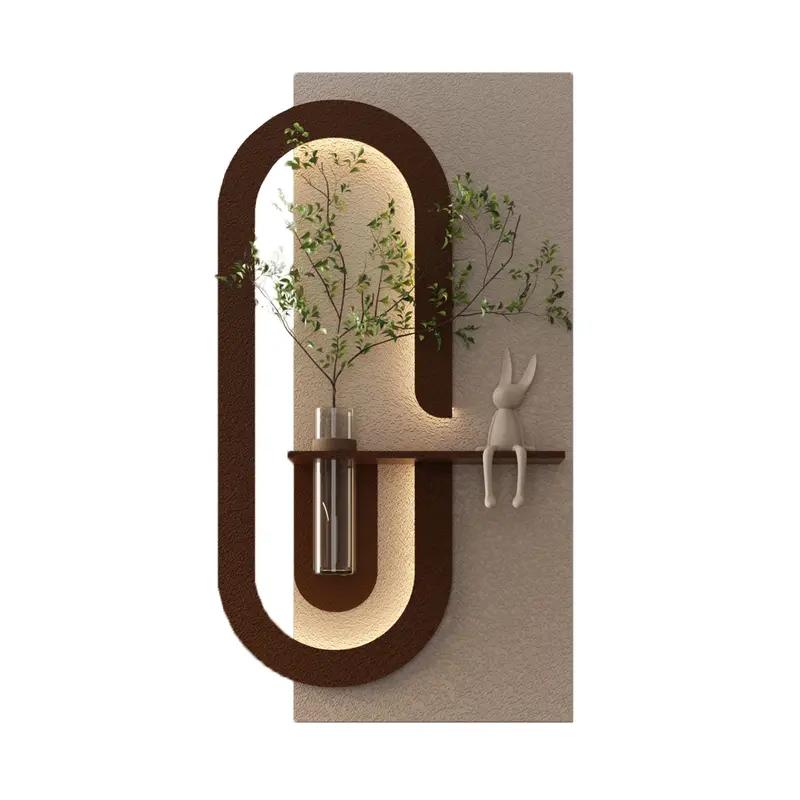 Adjustable Led Sandstone Wall Art Sculpture Featuring 3D Faux Plants, Glass Vase, Rabbit Figurine, And Remote Control – Light Coffee Finish 1