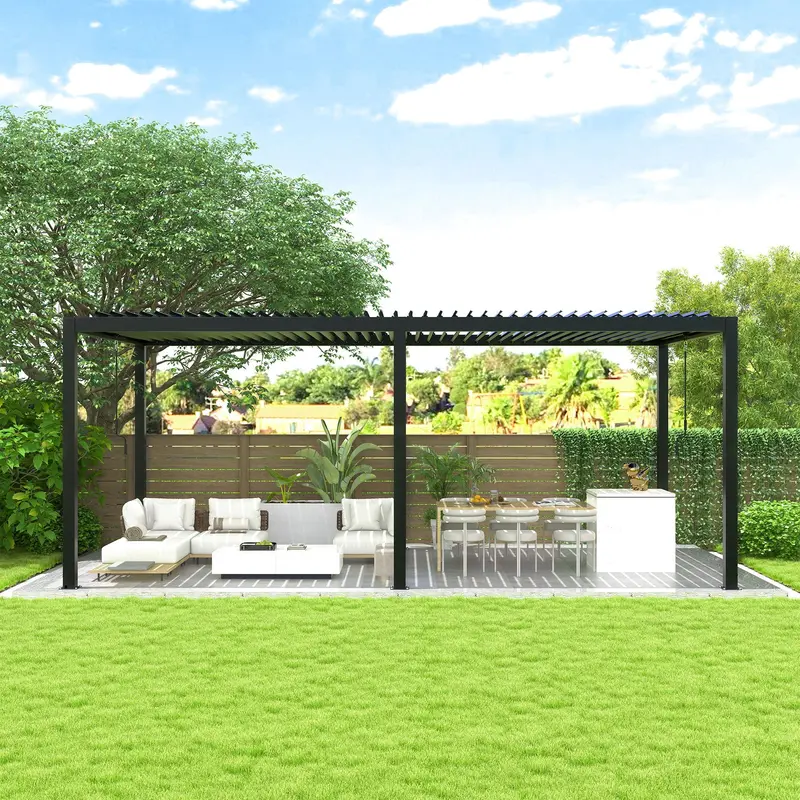 Adjustable Steel Louver Pergola With Black Frame And Slatted Roof 1