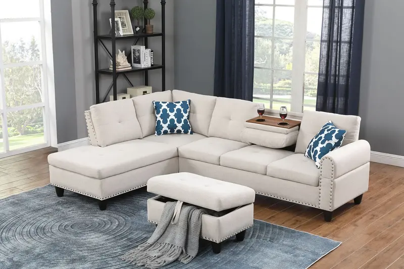 Alger Beige Left-Facing Sofa-Chaise With Matching Ottoman – Modular Sectional Configuration 1