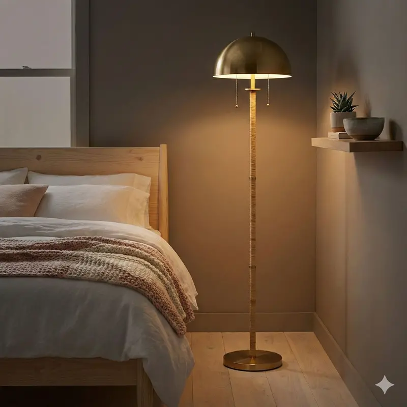 Allure Two-Light Rattan Floor Lamp With Gold Finish And Pull Chain Switch 1
