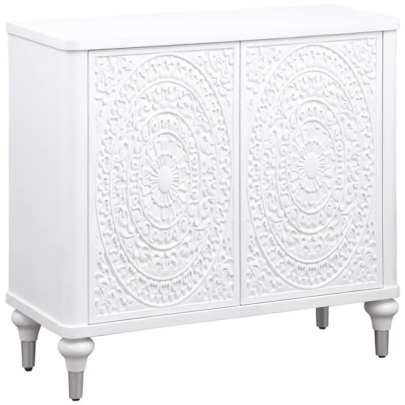Angus Mandala-Inspired 2-Door Accent Cabinet – White Painted Wood Storage Piece 1