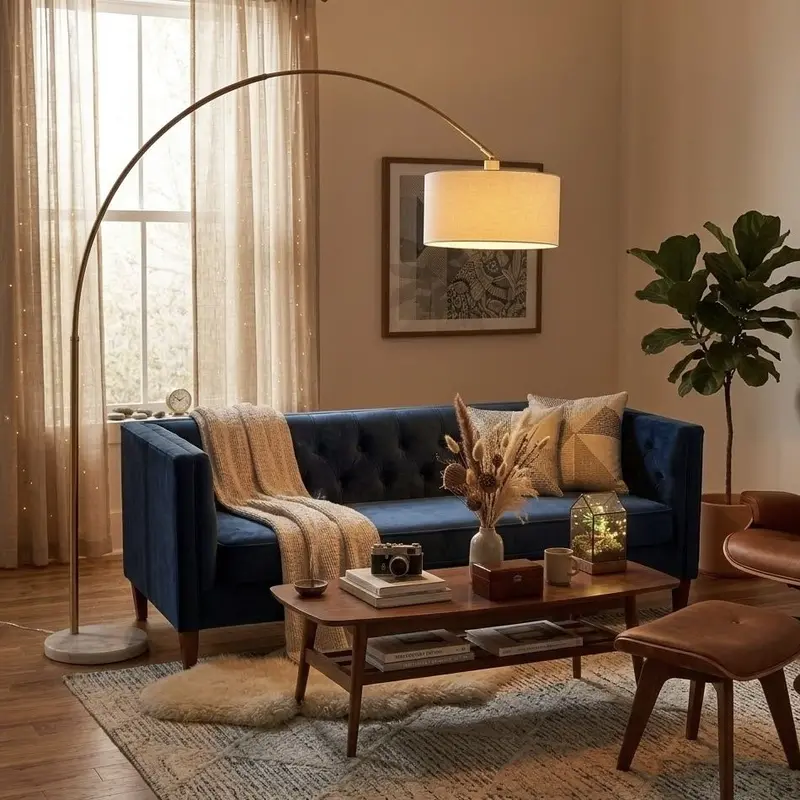 Arch-Shaped Floor Lamp With Oversized Shade – Gold And White Finish 1