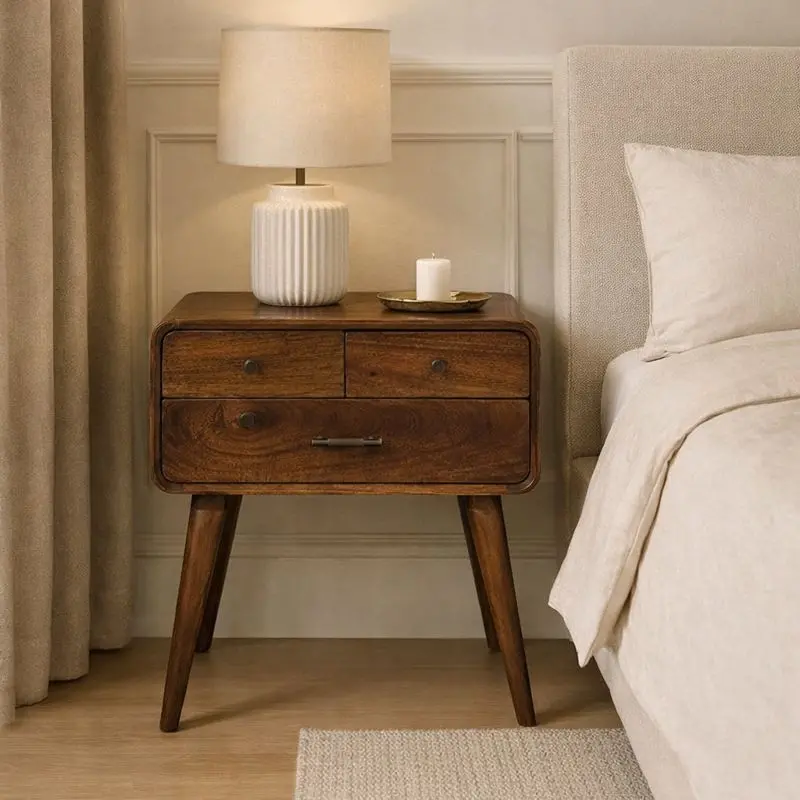 Avora Three-Drawer Nightstand – Brown Finish Bedroom Accent 1