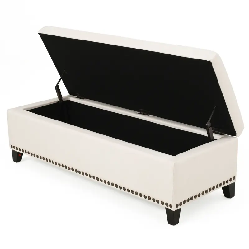 Beige Nailhead-Trimmed Upholstered Ottoman For Extra Seating And Compact Storage 1