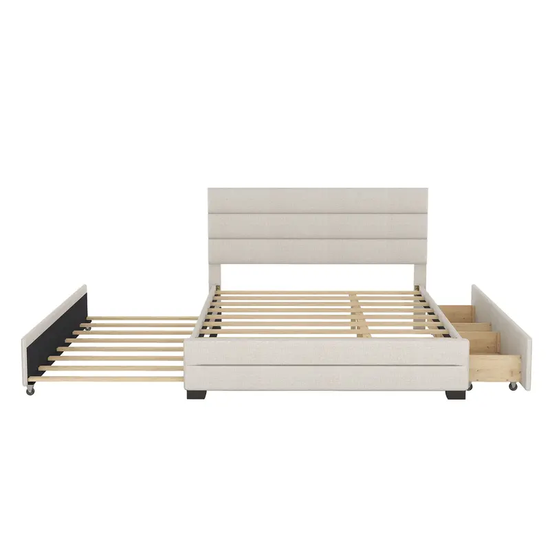 Beige Queen Platform Bed With Twin Trundle And Dual Under-Bed Drawers 1