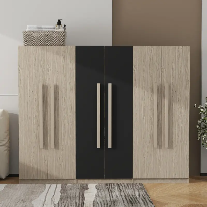 Black-And-Natural-Wood Six-Door Wardrobe With Dual Drawers 1
