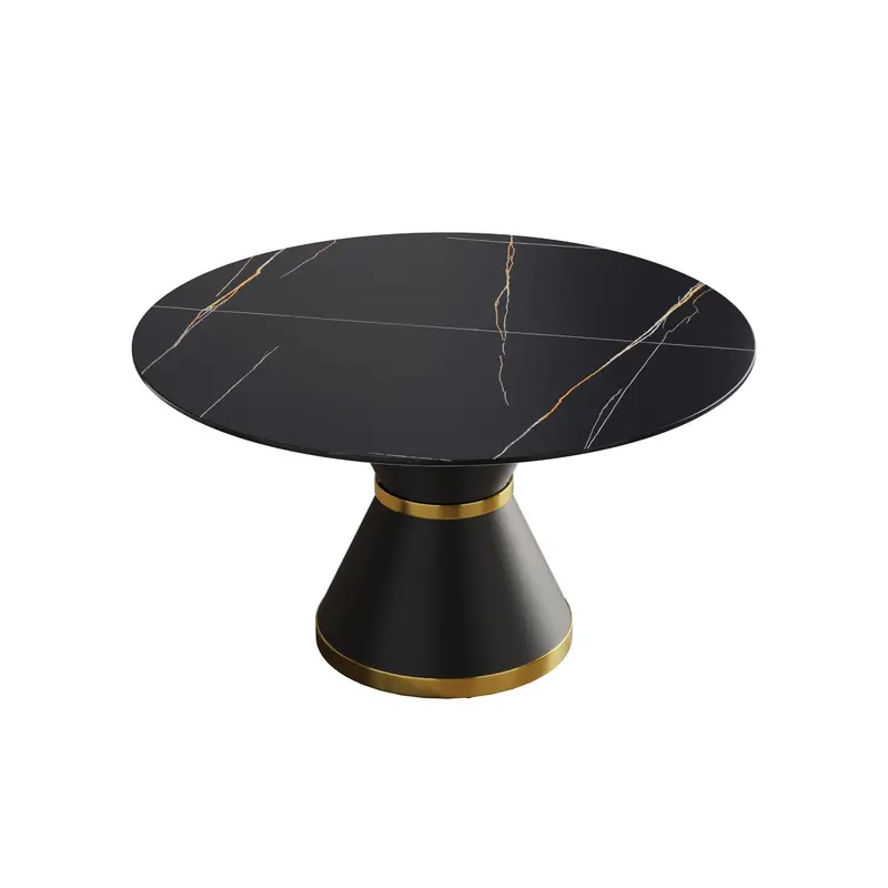 Black Carbon Steel Base Round Dining Table – Artificial Stone Surface For Six 1