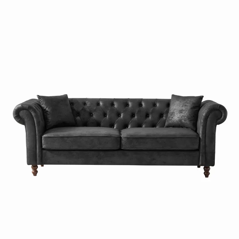 Black Chesterfield-Style 3-Seater Sofa With Mid-Century Roll Arms And Premium Tech Fabric 1