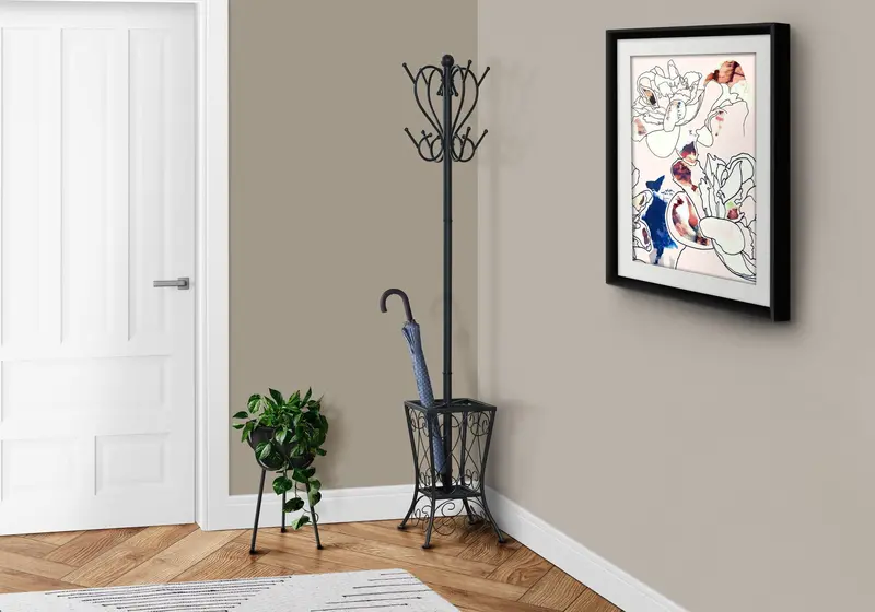 Black Free-Standing Hall Tree With 8 Hooks And Umbrella Holder 1