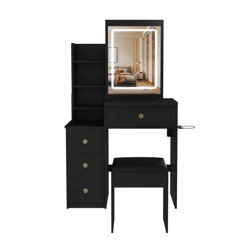 Black Led Vanity Desk Set – Includes 3-Light Modes, 4 Drawers, Open Shelving, Hair Dryer Holder, Power Outlet, And Matching Chair 1