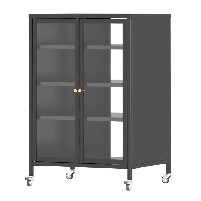 Black Media Storage Cabinet On Casters: Four Glass Adjustable Shelves And Secure Door Enclosure 1