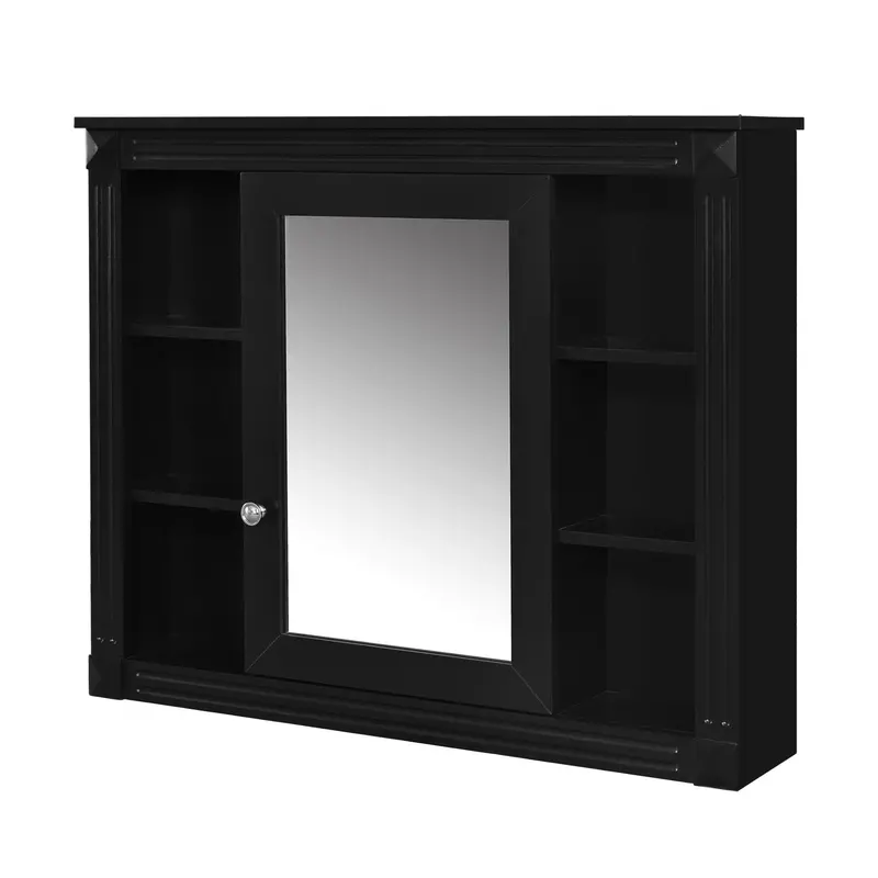 Black Wall-Mounted Bathroom Cabinet – Mirror-Fronted With Six Open Shelving Tiers 1