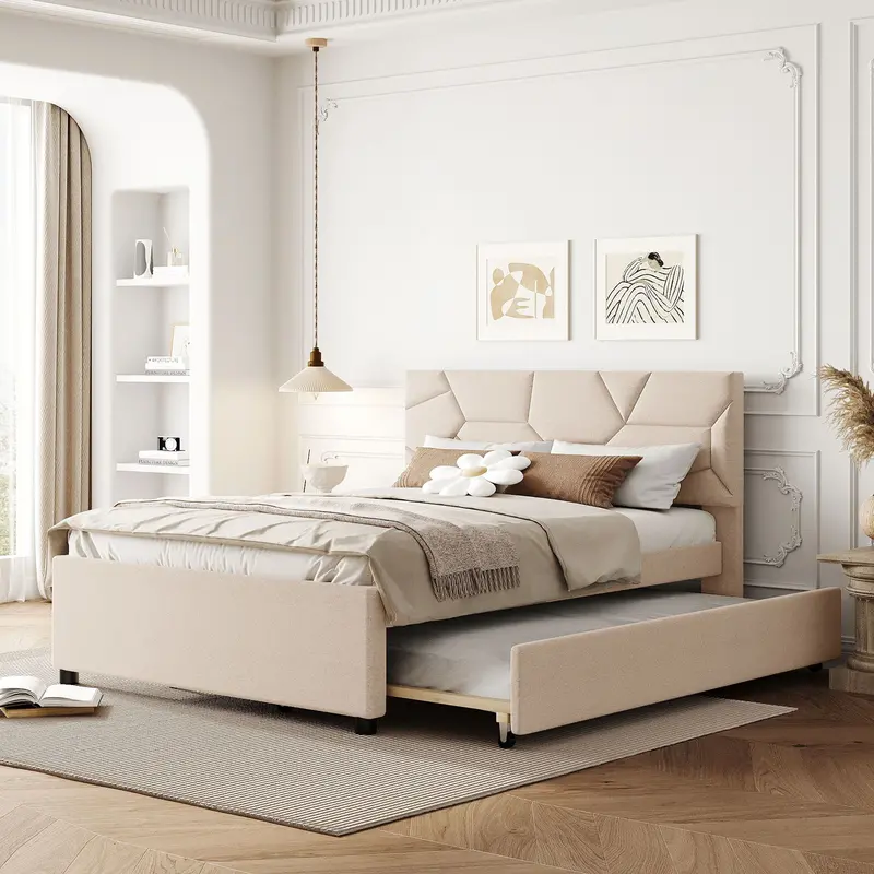 Brick-Texture Upholstered Platform Bed With Extended Twin-Long Trundle 1