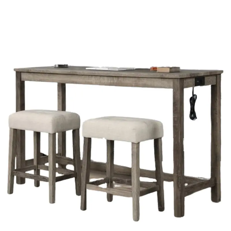 Brown-And-Beige 3-Piece Counter Bar Set: Dining Table With Dual Usb Ports & Electric Outlet + Tufted Stools 1