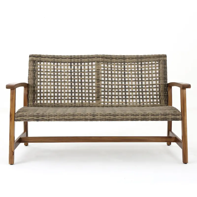 Brown Outdoor Rattan Loveseat – Sturdy Wooden Legs For Patio Comfort 1