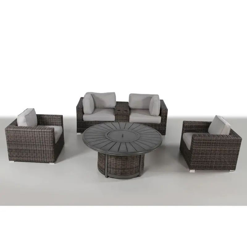 Brown Patio Seating Group For Four – Fire Pit Table & Cushioned Comfort 1