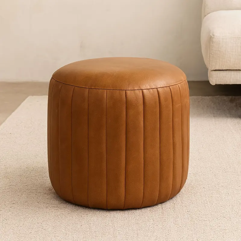 Buffalo Leather-Finish Footstool – Brown 1