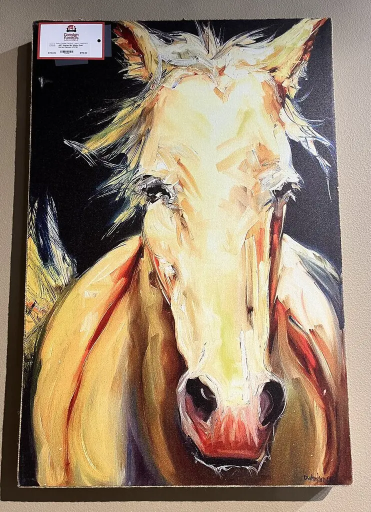 Burlap-Textured Canvas Art With White-Gold Horse Motif 1