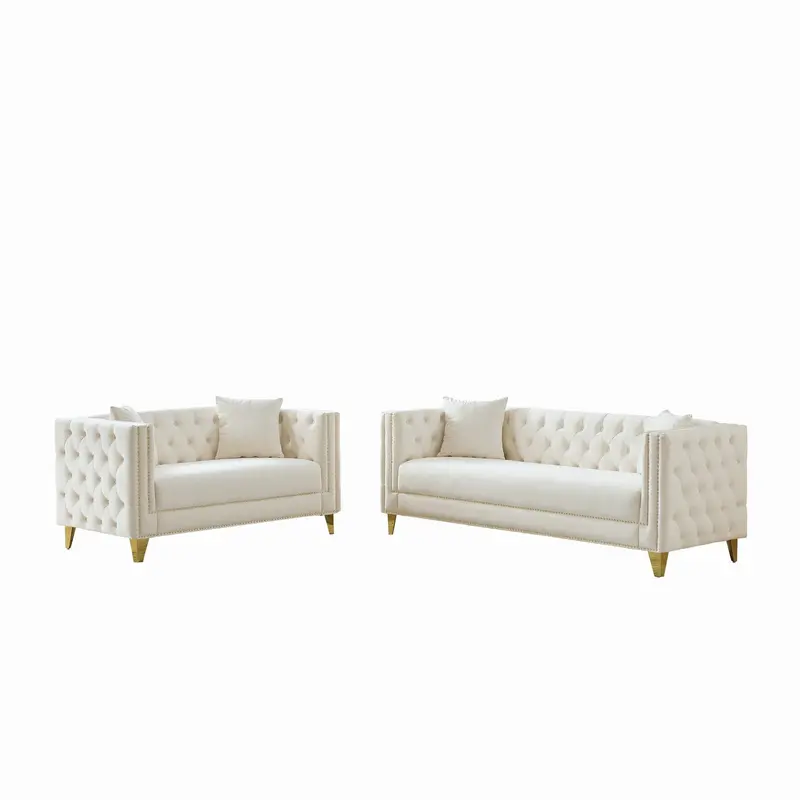 Button-Tufted Deep-Seat Sofa – Square-Arm Modern Couch With Nailhead Trim 1