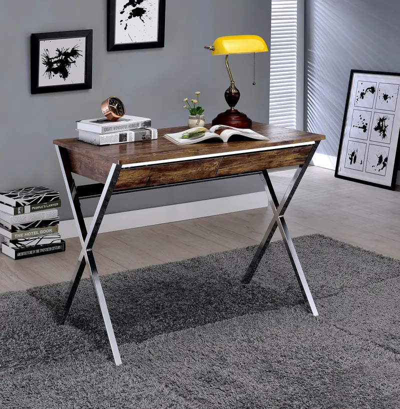 Callers Weathered Writing Desk – Chrome Frame With Reclaimed Oak Top 1