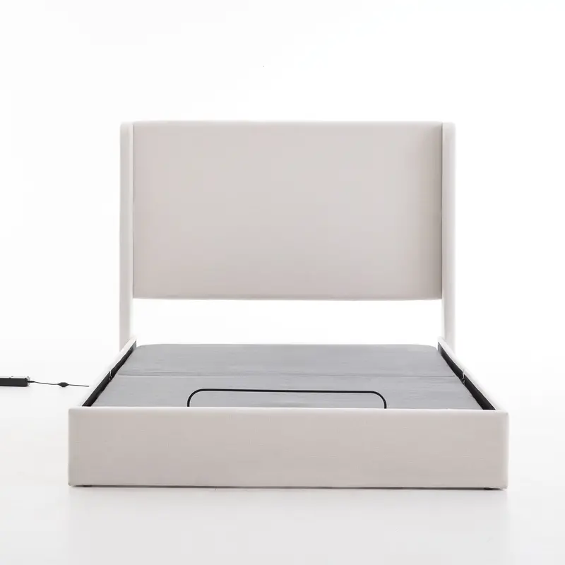 Caron Queen Upholstered Wingback Bed With Adjustable Base Bundle In Ivory 1