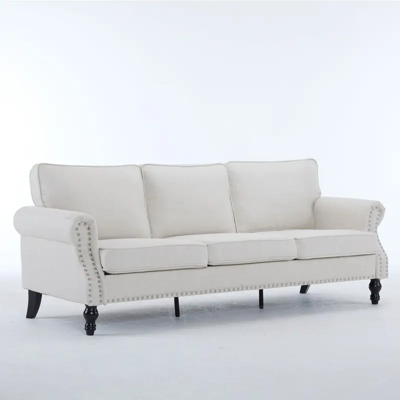 Classic Rolled-Arm Upholstered Sofa – Nailhead Trim And Wooden Legs 2