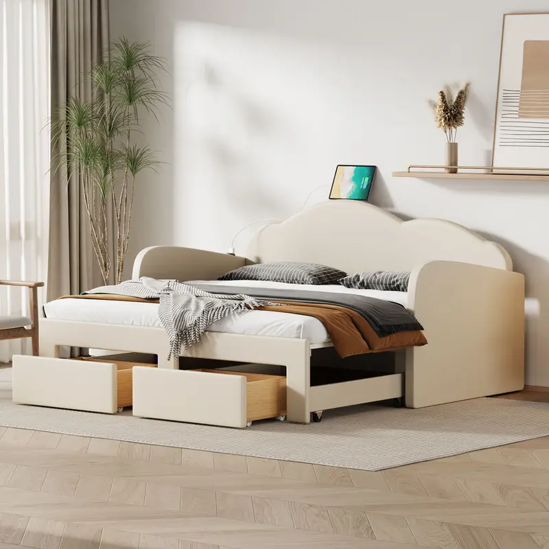 Cloud-Inspired Upholstered Daybed With Soft Backrest, Trundle, Dual Drawers, And Usb Ports 1