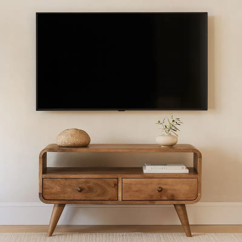 Compact Curved Media Console – Oak-Finished Entertainment Unit For Small Spaces 1