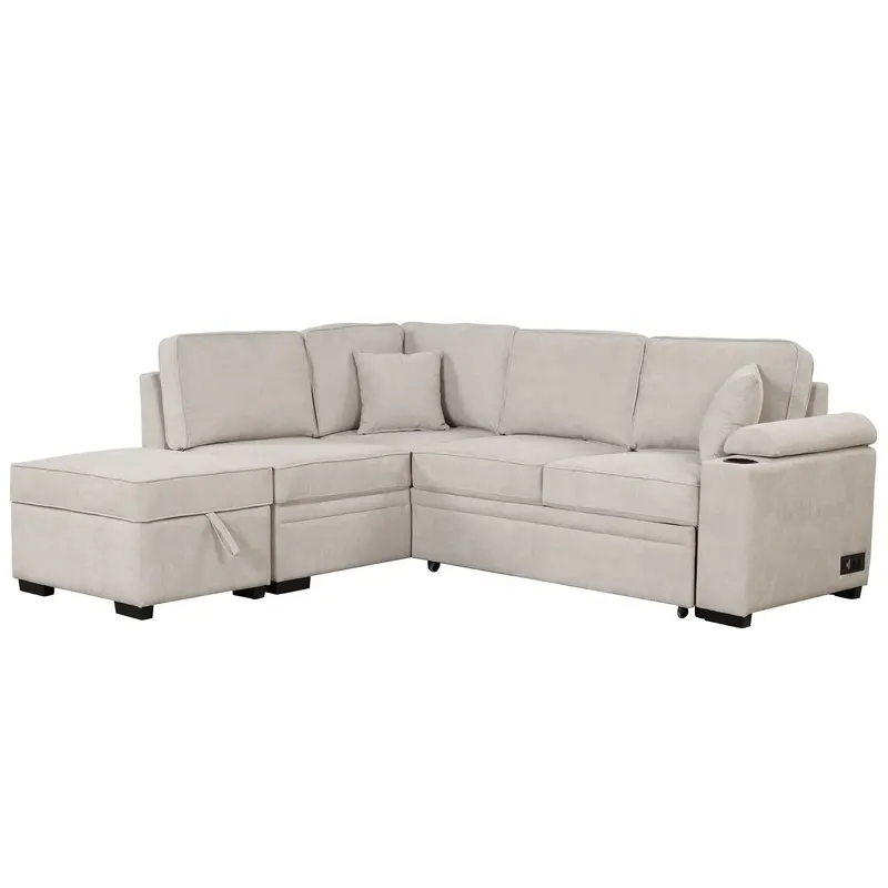 Compact L-Shaped Sleeper Sofa With Pull-Out Mattress & Storage Ottoman 2