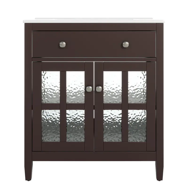 Contemporary Bathroom Vanity – Ceramic Sink, Adjustable Interior Shelf & Tip-Out Tray 1