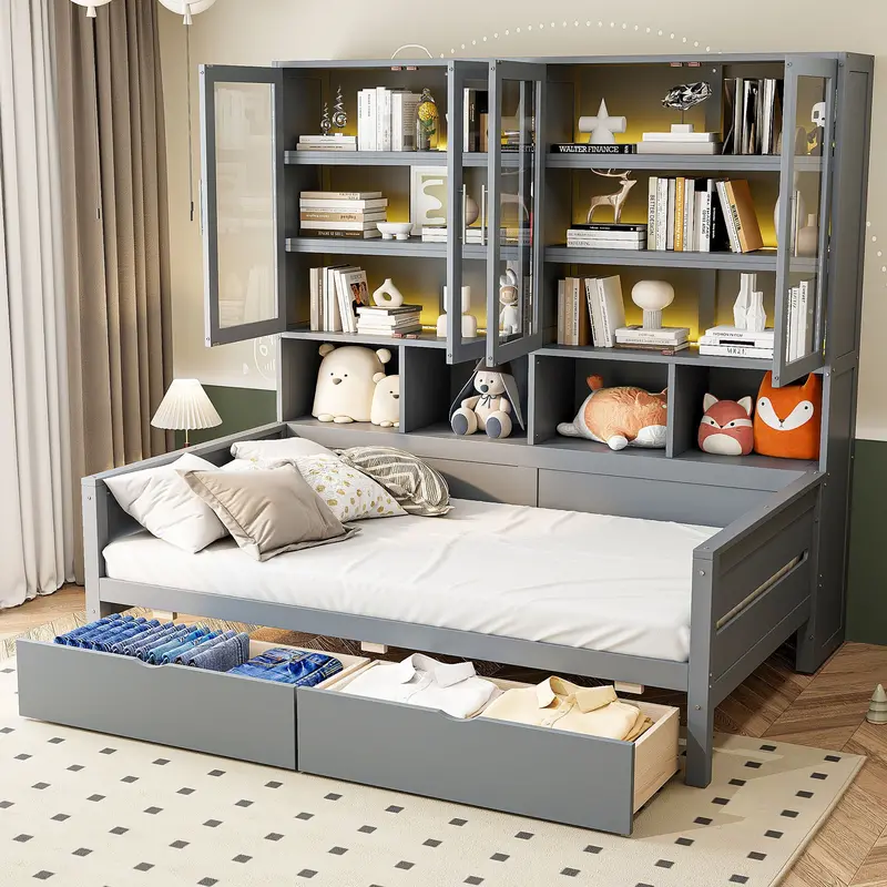 Contemporary Daybed With Glass-Front Cabinets, Led Lighting, And Display Shelving 1