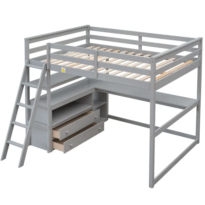 Contemporary Loft Bed Featuring Integrated Desk, Shelving, And Two Concealed Drawers 2