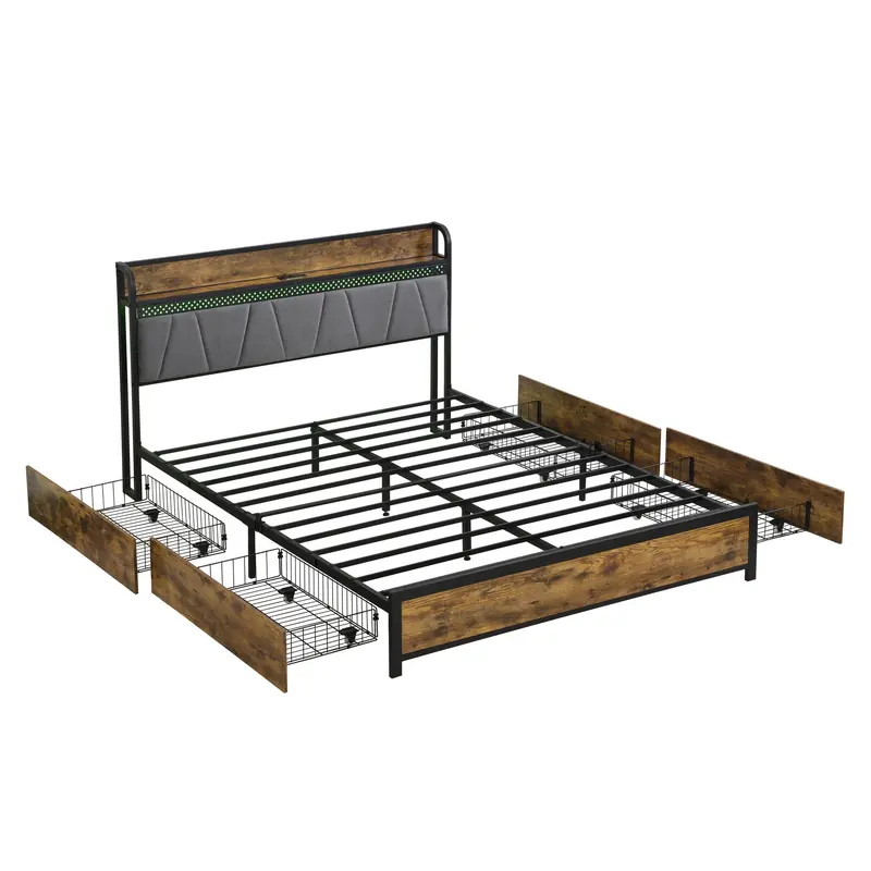 Contemporary Storage Bed With Integrated Charging Station, Led Lights, And Display Headboard 1