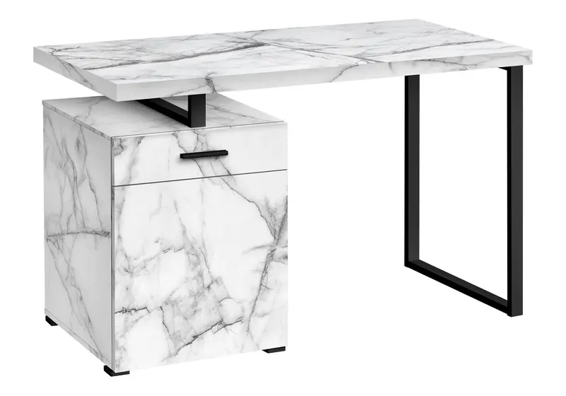 Contemporary White Computer Desk Featuring Marble-Look Laminate Surface And Asymmetric Storage Layout 1